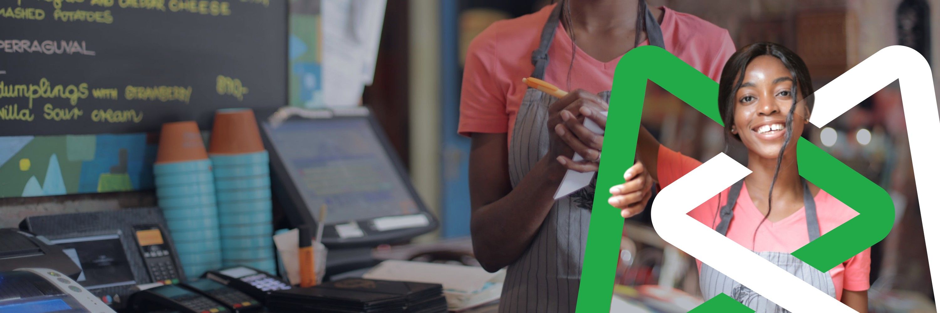 A woman proudly standing at the entrance of her cafe, overlaid with an image of her smiling, enclosed in the Majulis logo